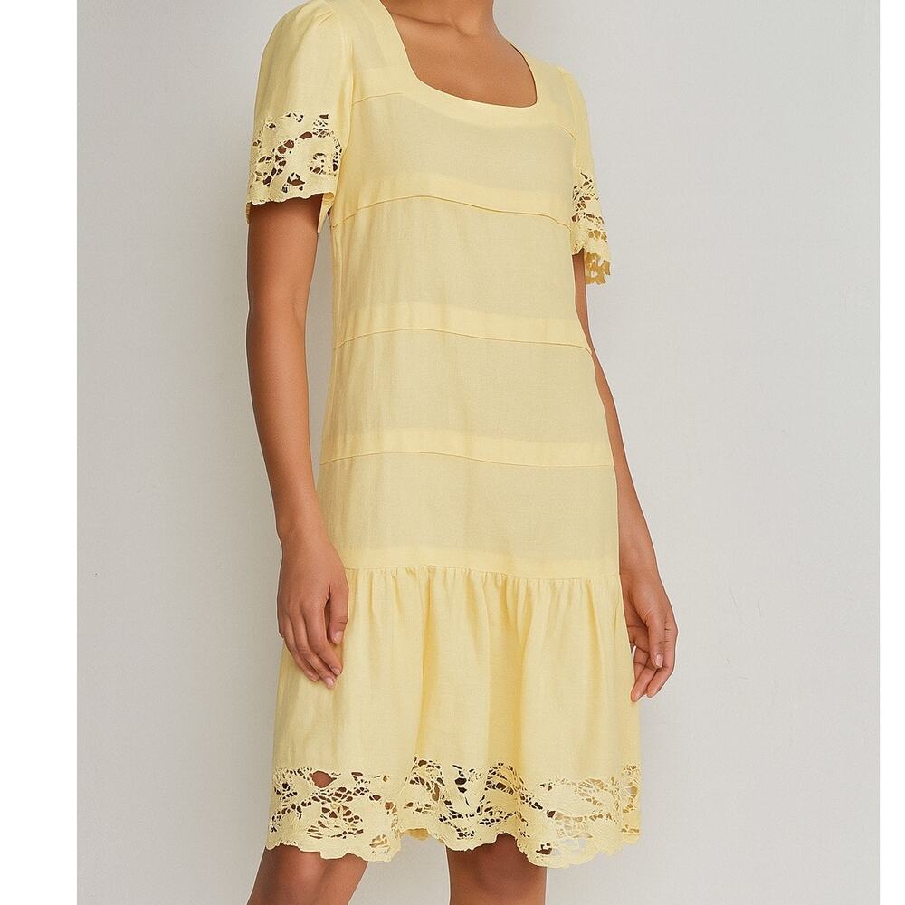 Vintage 80s Yellow Linen Floral Lace Cottagecore Midi Dress M
